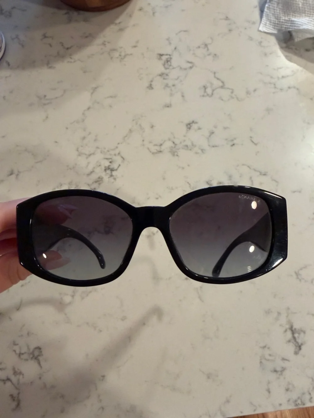 CHANEL Black Oval Sunglasses with Gradient Gray Lenses - Picture 3 of 7